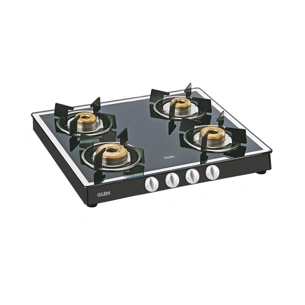 4 Burner Glass Gas Stove Mirror Finish 1 High Flame 3 Forged Brass Burner 60 CM Black (1042 GT FBM BL)