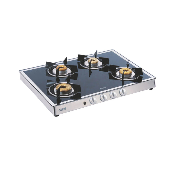 4 Burner Glass Gas Stove Mirror Finish 1 High Flame 3 Forged Brass Burners Auto Ignition 70 CM (1048GT FBMAI)